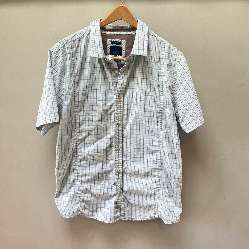 Prana Slim Fit Button Up Shirt Organic‎ Cotton Blend Plaid Short Sleeve LRG
